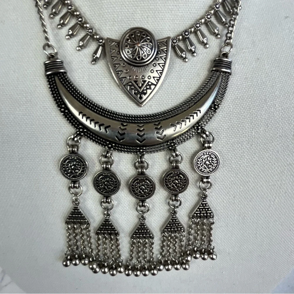 Southwestern Style Silver Toned Boho Statement Necklace
